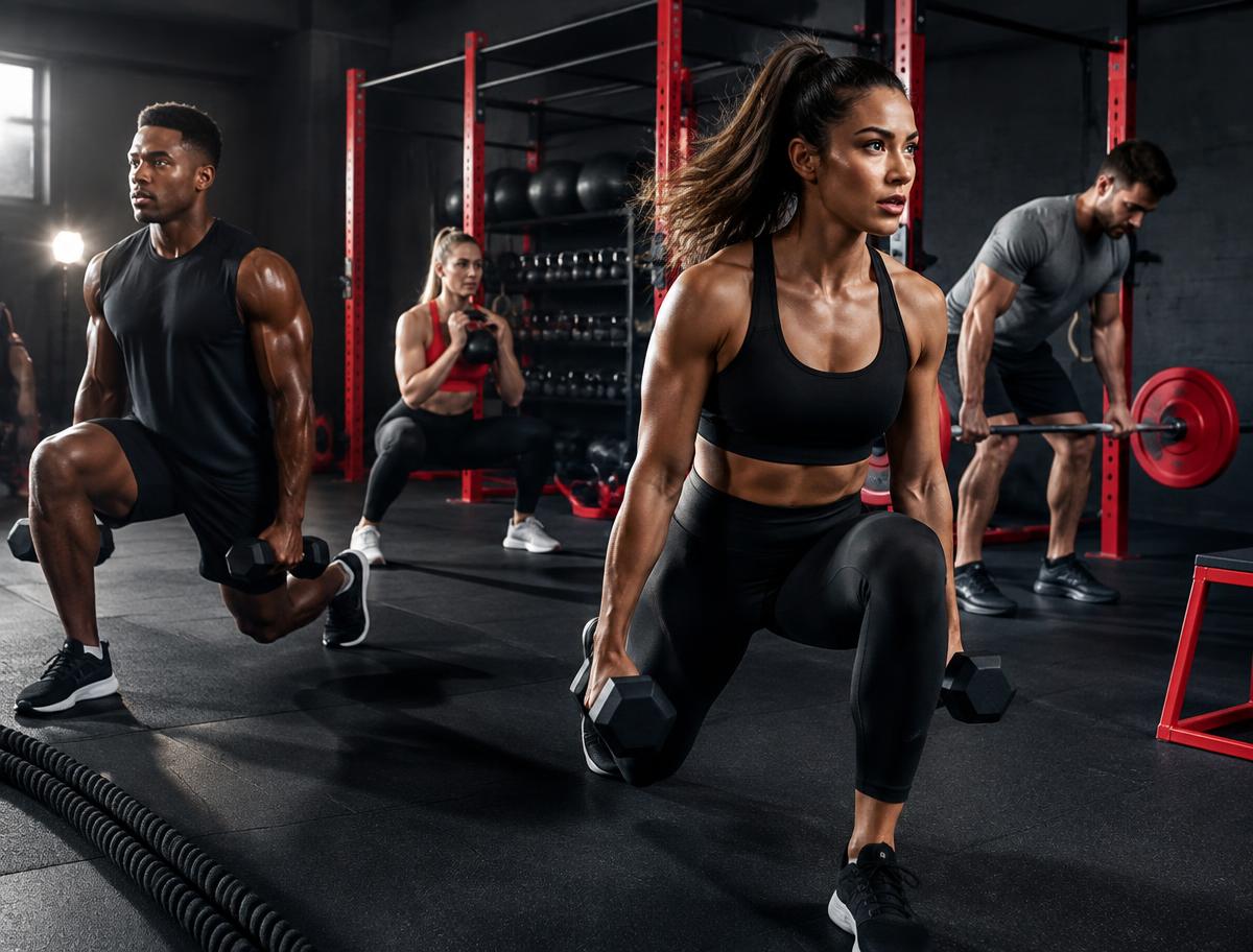 Athletes training together in a modern strength studio