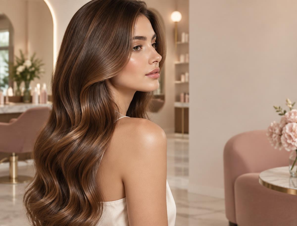 Glossy dimensional hair in a modern salon