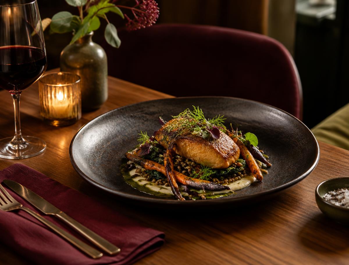 Seasonal restaurant dish served in a warm dining room